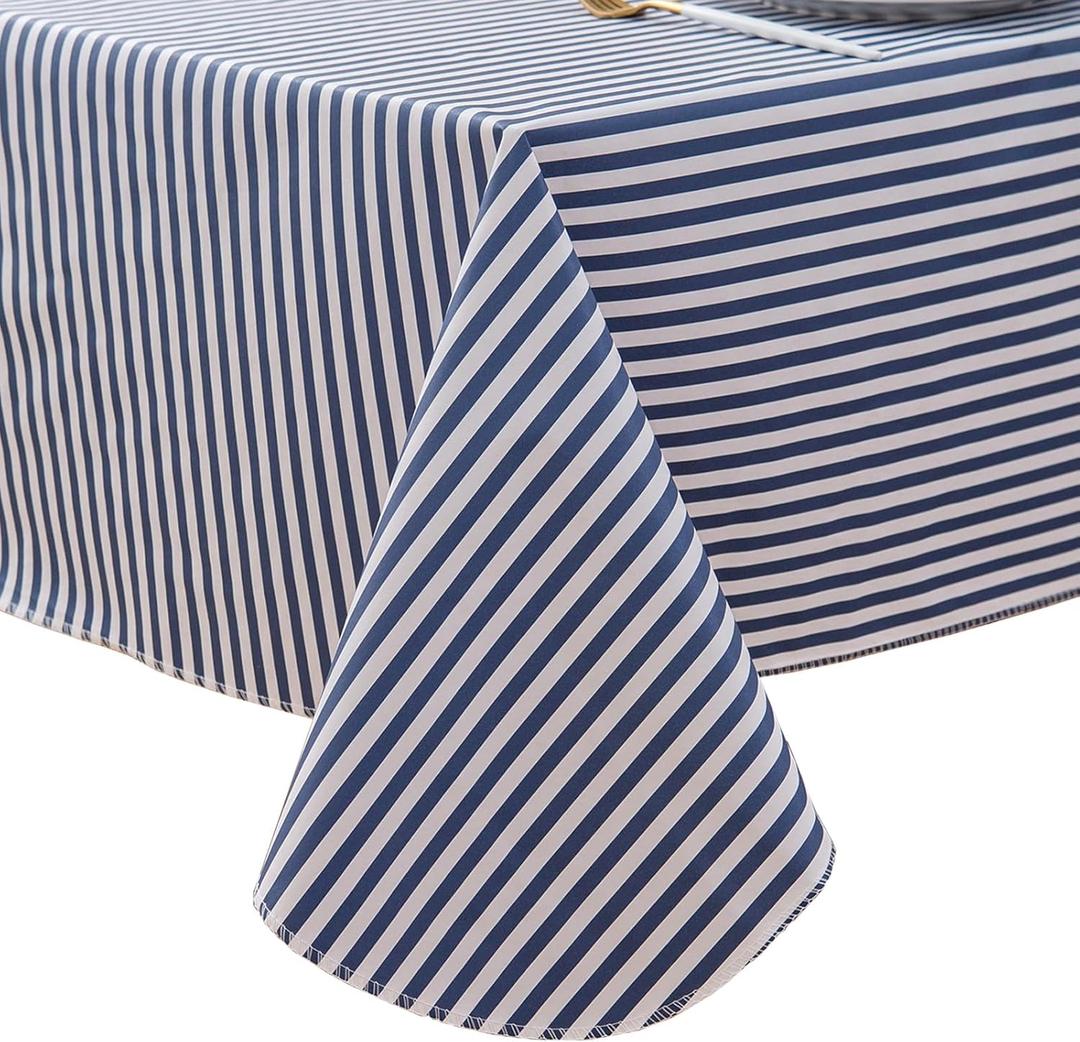 LIBERECOO 60" Square Vinyl Tablecloth with Flannel Backing, Blue Stripe Stain-Resistant Tablecloths Waterproof Oil-Proof Wipeable Table Cover for Indoor/Outdoor Picnic, BBQ