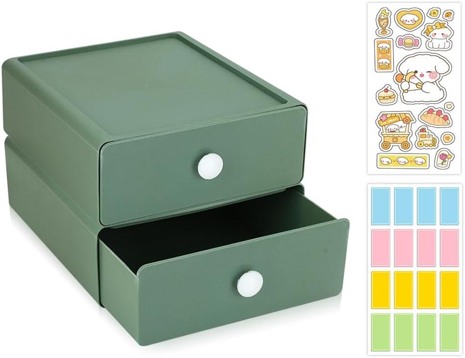 2 Pcs Desktop organizer Storage, Stackable Storage Boxes with 2 Plastic Drawers, Desk organizer Drawers with 2 Tabs, Small Office Storage for Stationery Supplies Makeup Dorm Bathroom (2 Green)