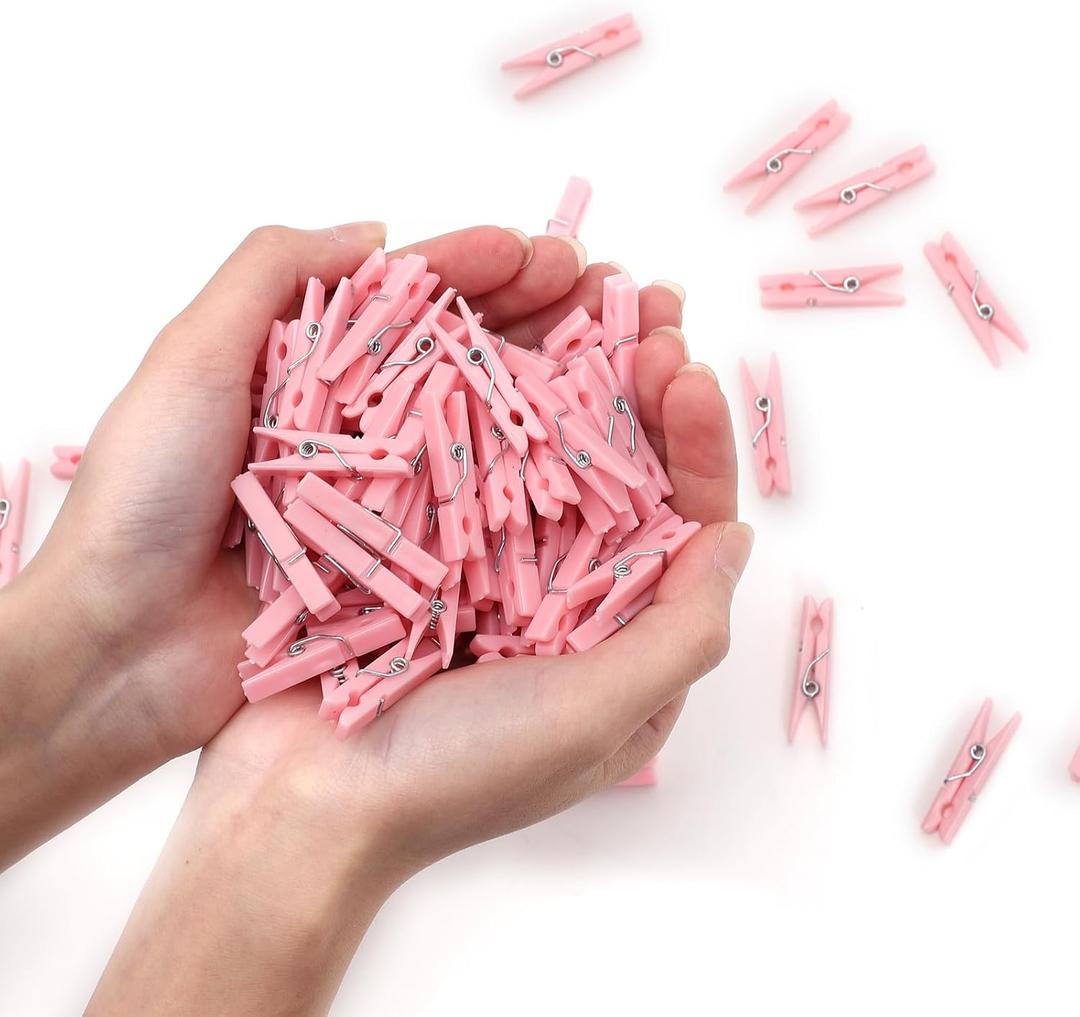 100PCS Baby Shower Clothespins Games Girl Plastic Clothes Pin with Waterproof Bag Mini Pink Pin Bulk 1.37 inch for Party Decorations, DIY Crafts