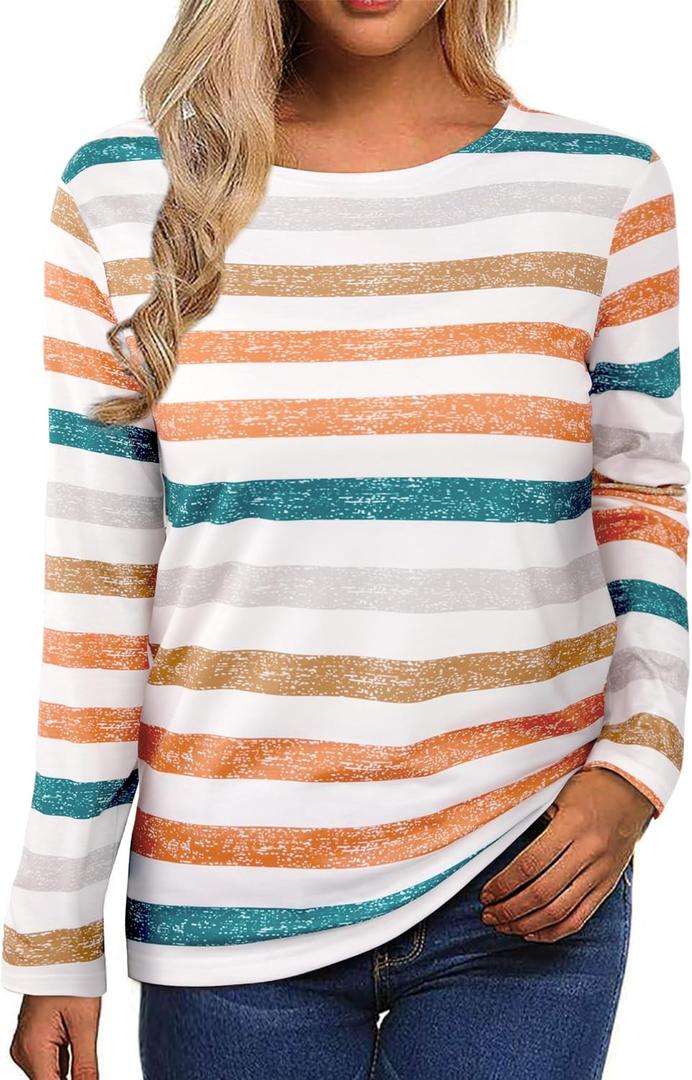 LilyCoco Womens Striped Long Sleeve Shirt Boat Neck Tops Breton Loose Fit Tshirt Multicolored Medium (Medium)