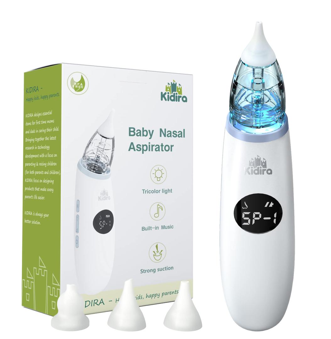 Nasal Aspirator for Baby, KIDIRA Electric Nose Suction for Baby with 3-Type Silicone Tips, Baby Nasal Aspirator with 3 Suction Level, Infant Nasal Aspirator with Music & Light Function