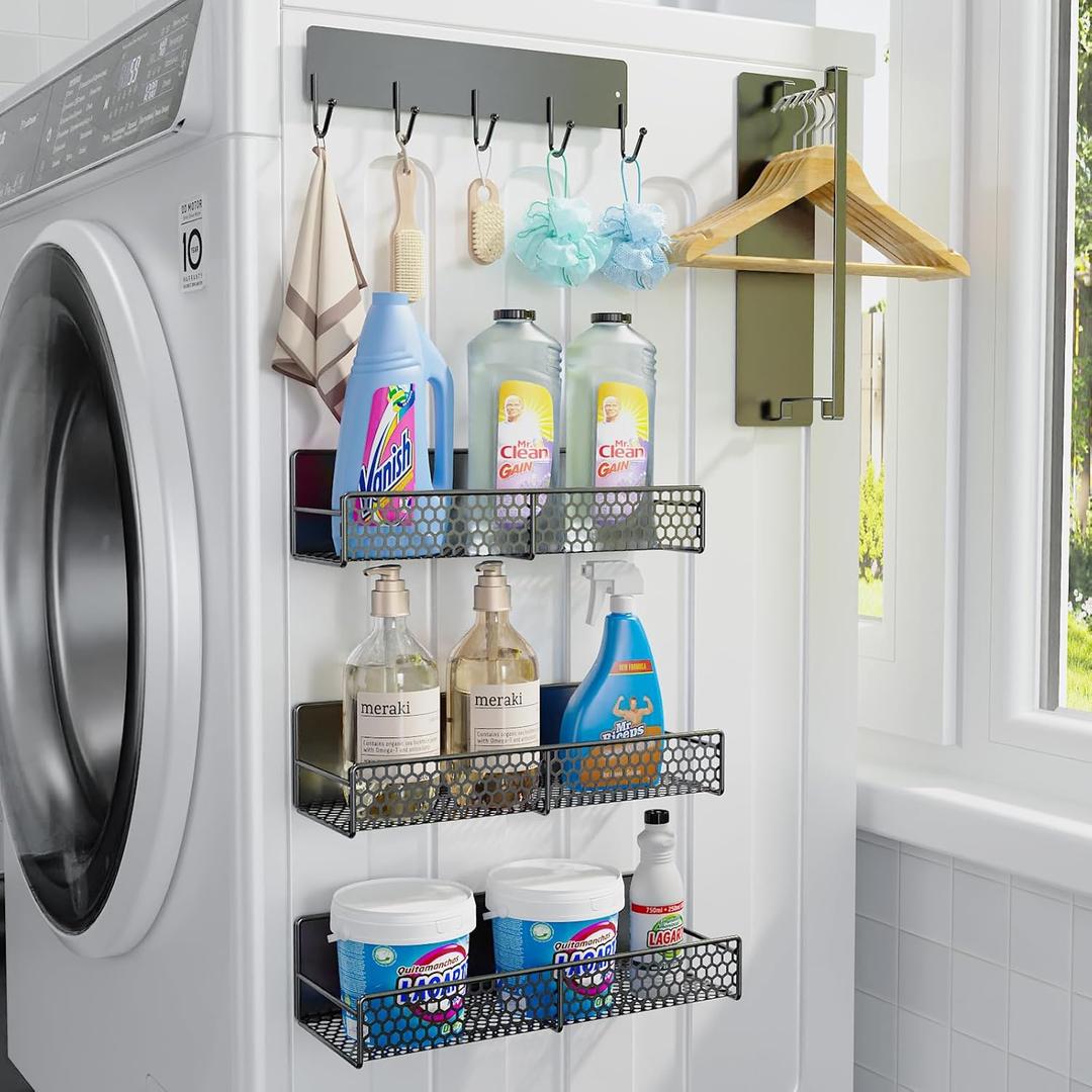 STON ELDER 5 Pack Magnetic Shelves for Washing Machine, Magnetic Spice Racks for Refrigerator, Laundry Organizer with Hooks, Hanger Organizer Stacker, Magnetic Hanger Holder, Utility Room, Kitchen