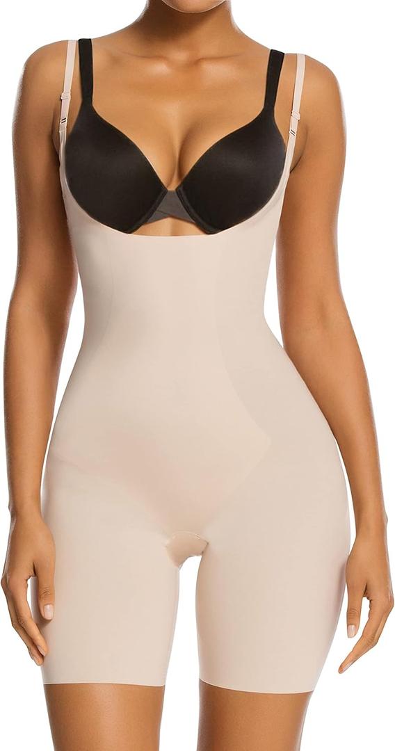 SHAPERX Women's Shapewear Bodysuit Smoothing Tummy Control Body Shaper with Adjustable Straps Comfortable Mid-Thigh Shorts (Medium)