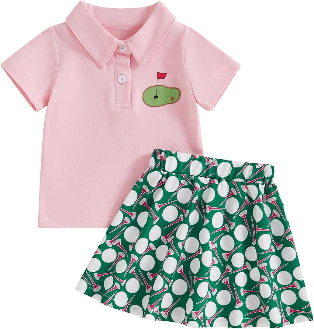 Toddler Girl Golf Outfit Short Sleeve Hole in One Polo Shirt and Golf Print Mini Skirt Set, 18-24mos