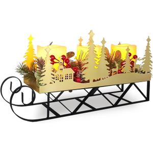 Christmas Sleigh Table Centerpieces Decorations, Xmas Gold Cut-Out Tree Sleigh LED Candle Candelabrum with Timer Holiday Candle Holder for Home Party Table Mantel Decoration