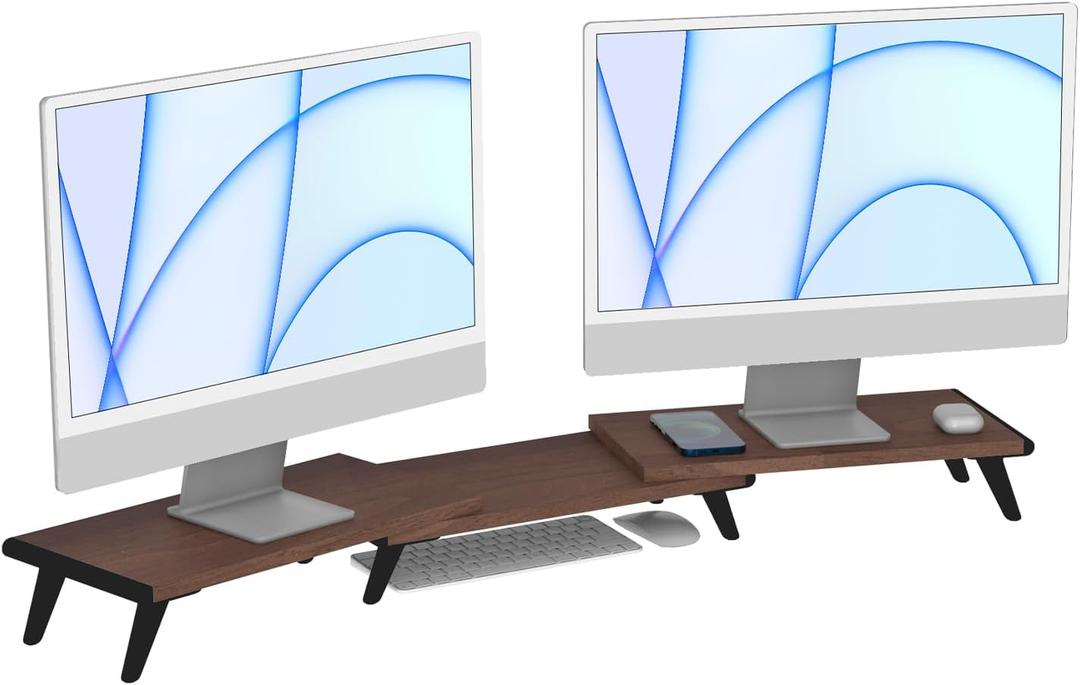 loukin Dual Monitor Stand Riser for Desk, 43.6"*8.2"*3.2" Large Computer Stand for 2 Monitors, Laptop, Printer, Length and Angle Adjustable Computer Shelf, Home Office,Max 43.6" Length(Brown)