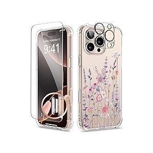 GVIEWIN for iPhone 16 Pro Case, with Screen Protector & Camera Lens Protector [Not Yellowing] Floral Slim Shockproof Protective Clear Flower Women Phone Cover 6.3'' (Floratopia/Colorful)