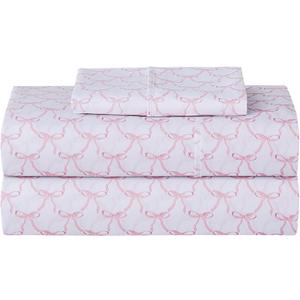 Softan Kids Bed Sheet Set, Girls Full Size Kids Sheets, Microfiber Fitted Sheet and Pillowcase, Breathable and Silky Soft, 4 Piece Pink Bowknot Printed Full Bed Sheet