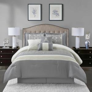 Stratford Park Grey Comforter Set King Size, 7 Piece, Jacquard Home Decor, Matcking Bed Skirt, Pillows & Shams, All Season Bedding Set