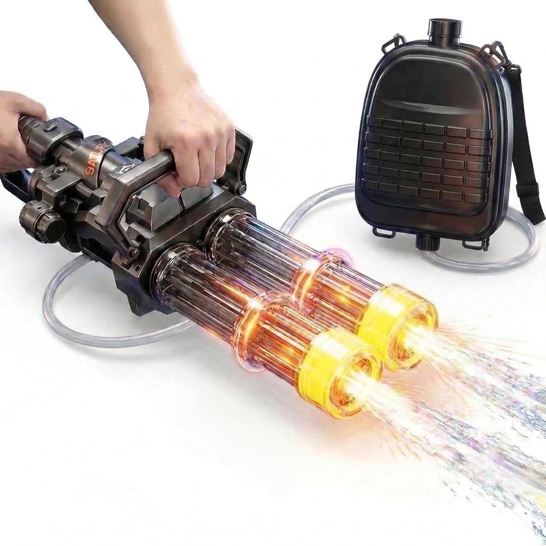 Uregoio Gatling Electric Water Gun for Adults, New Double Barrel Squirt Gun with Rotating and LED Light, Long Range Automatic Water Guns with Backpack, Two Batteries, Outdoor Toys for Kids Ages 8-12, Large