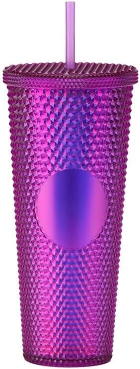 24oz Insulated Double Wall Cold Cup with Lid and Straw, BPA-Free Plastic Travel Mug, Model Creative Large-Capacity Portable Car Cup (710ml),Transparent Purple A