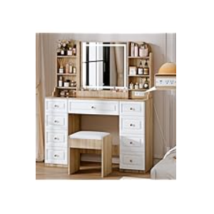 Arulvmrn 43" Makeup Vanity Desk with Mirror and Lights, & Power Outl, Glass Top Big Vanity Table with 9 Drawers& 8 Storage Shelves, Dressing Table Set with Chair for Bedroom, Light Brown oak