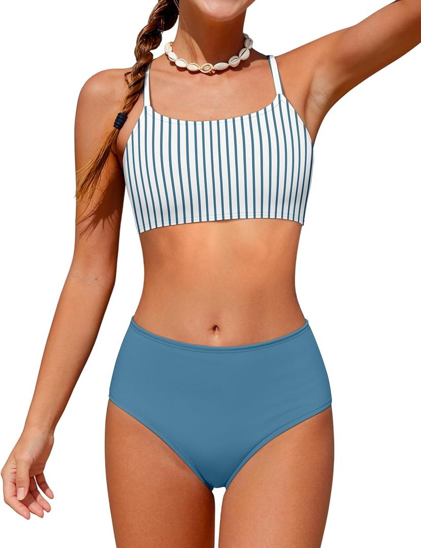 Girls Swimsuit High Waisted Contrast Striped 3 Piece Bathing Suit Bikini with Cover Up 9-16 Years (Blue Stripes)