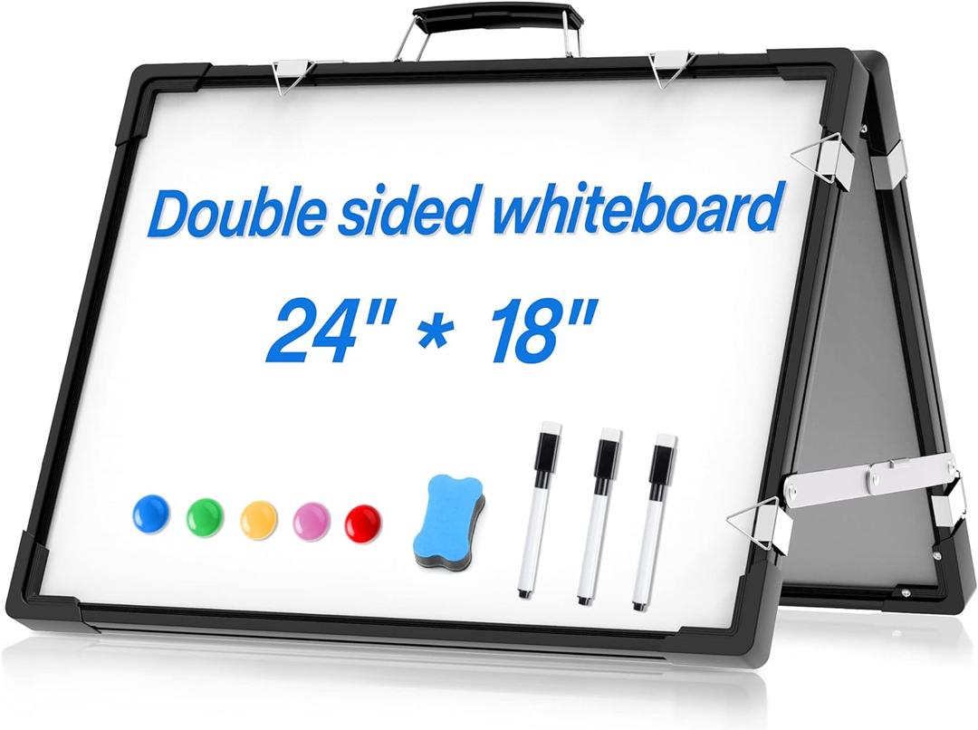 Whiteboard Dry Erase Boards, Portable White Board Double Sided Magnetic Board Stand,Foldable Hanging Wall Desktop Boards Easel for Kids Students Teacher for School Home Kitchen Office 24x18 Inch (Ivory Black)
