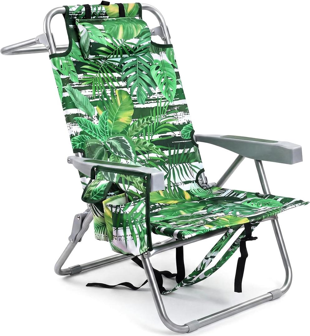 Backpack Beach Chair 330lbs, 5-Position Lay Flat with Cooler Bag | Palm leaves tropical design, heavy duty reclining sand chair for beach, poolside & outdoor vacation, padded headrest, Oversized