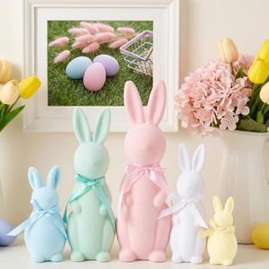Youyole 5 Pcs Easter Decorations Pastel Flocked Bunny Figurines with Bow Tie (15.5", 13", 10", 7.9", 5.9") Flocking Rabbit Tabletop Mantel Decoration for Easter Centerpieces for Spring Decor Supplies