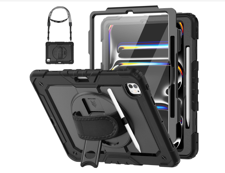 HXCASEAC for iPad Pro 13 Inch Case (M5/M4) 2025/2024,Shockproof Design with Pencil Holder, Protector, Rotating Stand, Hand Strap, Heavy Duty Protective iPad Pro13 Cover A3360 A3361 A2925 A2926,Black