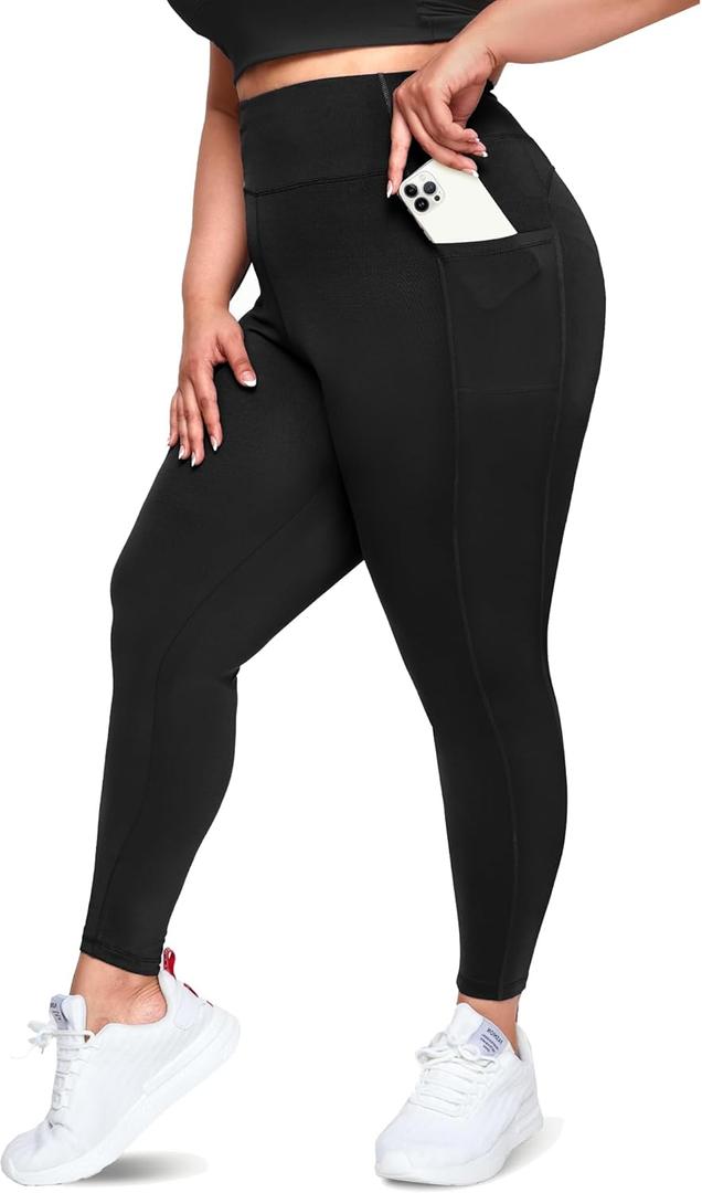Happy.angel Plus Size Leggings with Pockets for Women, High Waisted Capri Yoga Workout Pants Cropped Tights, (XX-Large, Black)