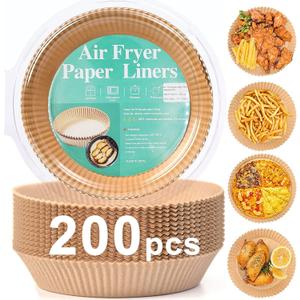 200pcs Air Fryer Disposable Paper Liner, Non-Stick Disposable Air Fryer Parchment Paper Liners, Baking Paper for Air Fryer Oil-Proof, Water-Proof, Food Grade Parchment6.3" in Bottom, 8" on top