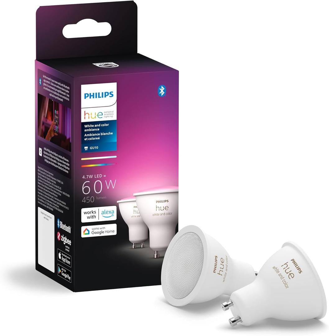 Philips Hue Smart 60W GU10 LED Bulb - White and Color Ambiance Color-Changing Light - 2 Pack - 450LM - Indoor - Control with Hue App - Works with Alexa, Google Assistant and Apple Homekit, 584680