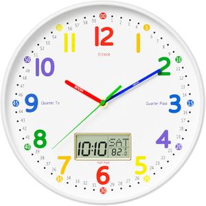 12" Silent Teaching Wall Clock with LCD Date Weekday Temperature Display – Tempered Glass, Non-Ticking Battery Operated Learning Clock for Kids Room, Classroom, Home Decor