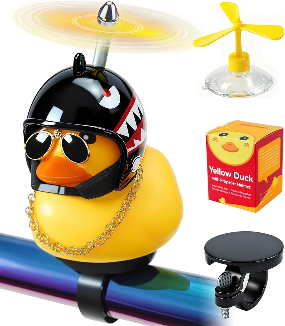 Rubber Duck Bike Decorations [New Stable Clamp Mount] Cute Squeak Duck Bike Bell [Two Helmet Propeller] Funny Bike Accessories E Scooter Motorcycle Cycling Gifts (Black Shark)
