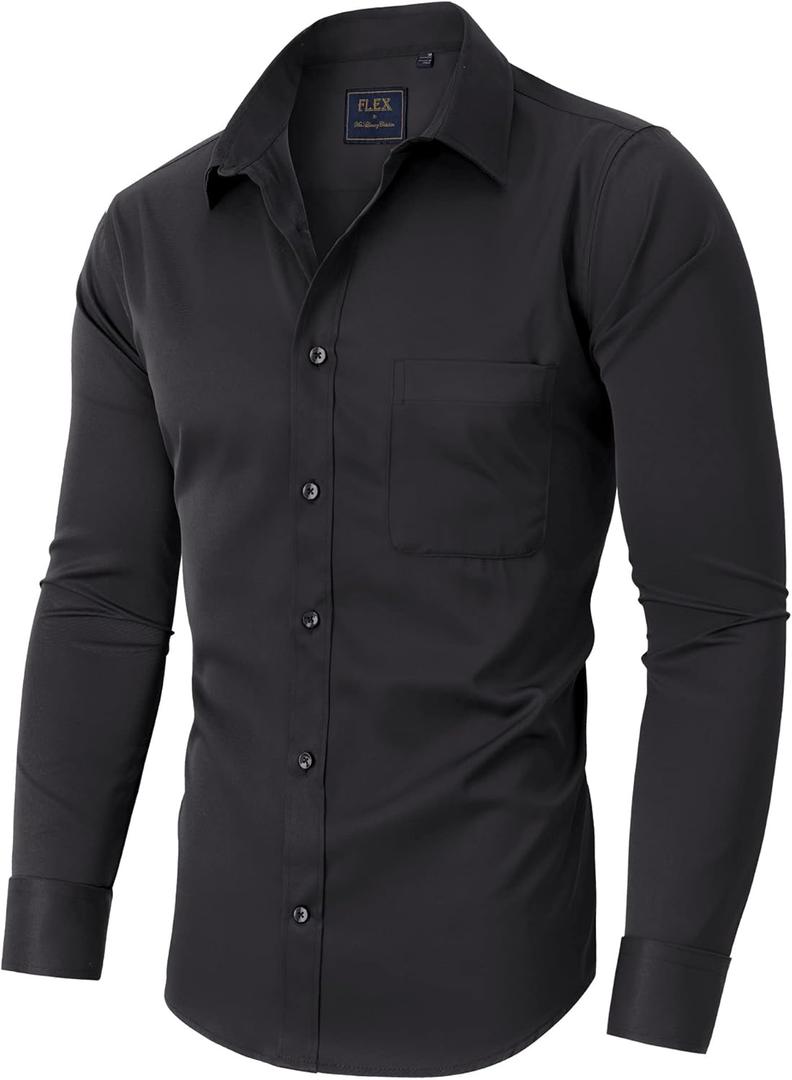 Alimens & Gentle Men's Dress Shirts Long Sleeve Wrinkle-Free Stretch Shirts Solid Formal Button Down Shirt with Pocket (3X-Large, Black)
