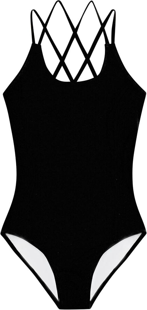 Kanu Surf Girls' Reese UPF 50 Beach Sport Criss-Cross One Piece Swimsuit (16, Solid Black)