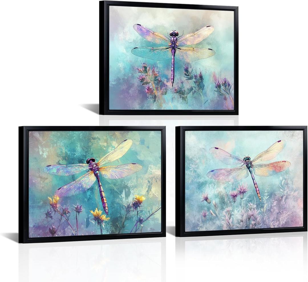 seteuret Dragonfly Wall Art, Flower Pictures Wall Decor - Blue and Purple Nature Home Decor for Bedroom Bathroom Living Room,12"x16", 3Pcs
