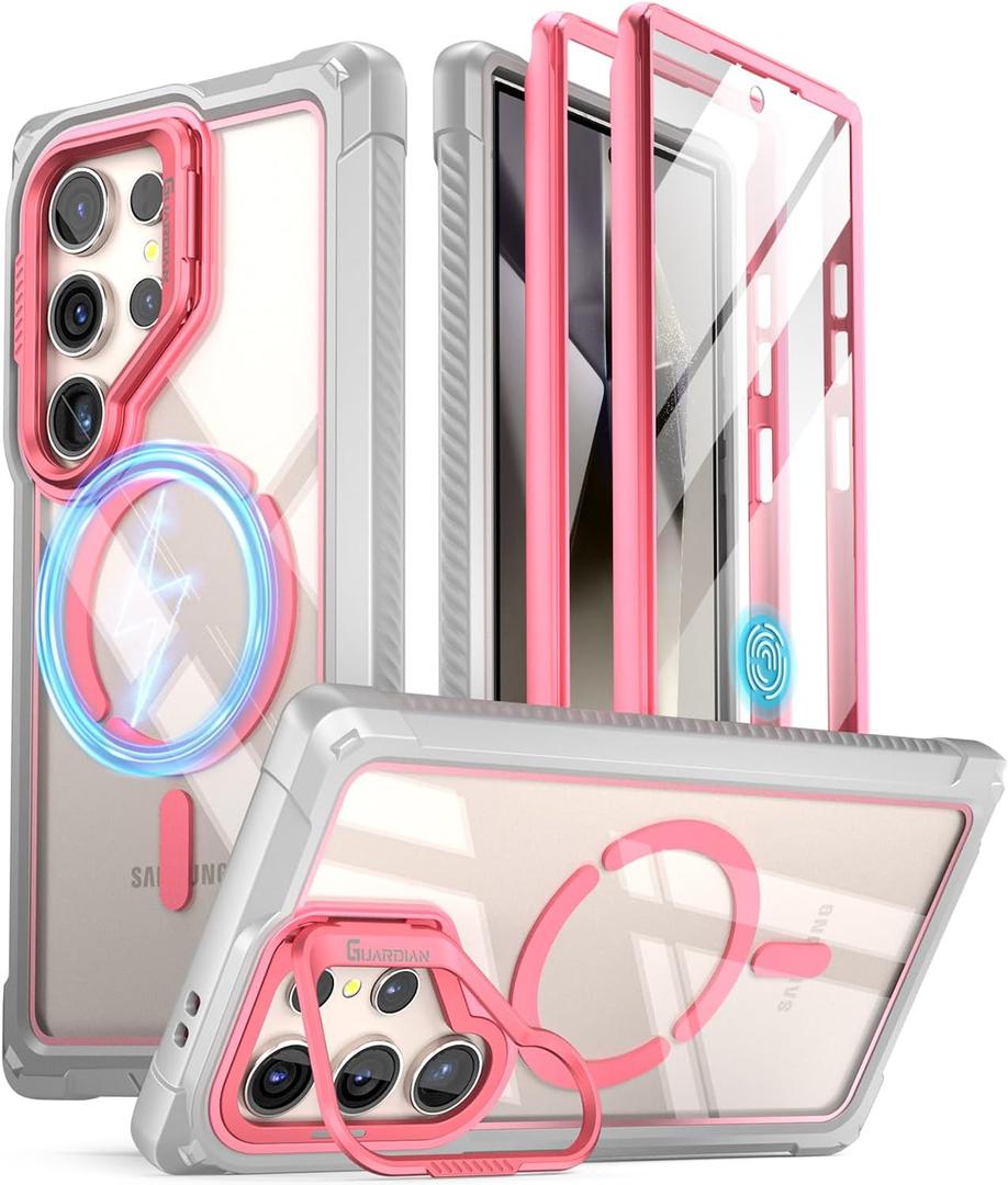 Poetic Guardian Case for Samsung Galaxy S24 Ultra 6.8", [Built-in Camera Stand] [Screen Protector Work with Fingerprint ID] Full Body Shockproof Protective Rugged Clear Cover, Pink/ Clear