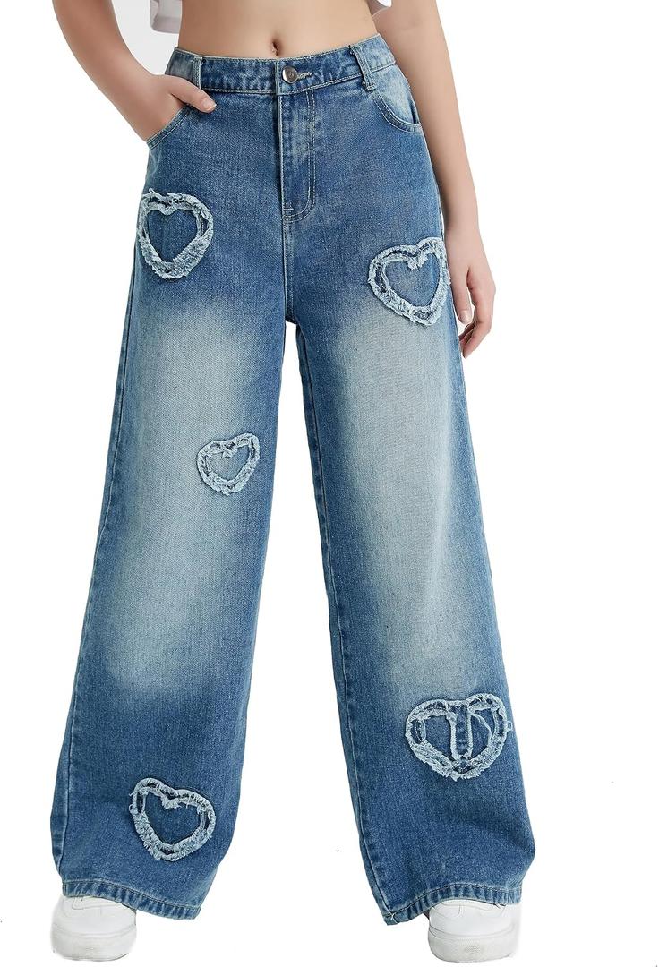 EXARUS Girls Jeans Baggy Denim Pants Wide Leg/Flare Teen Clothes Ripped | Tween Washed Trousers Casual Youth Kids Junior Preteen Preppy Back to School Bottoms Pockets Mid Rise Y2K 6-16Y (Blue)