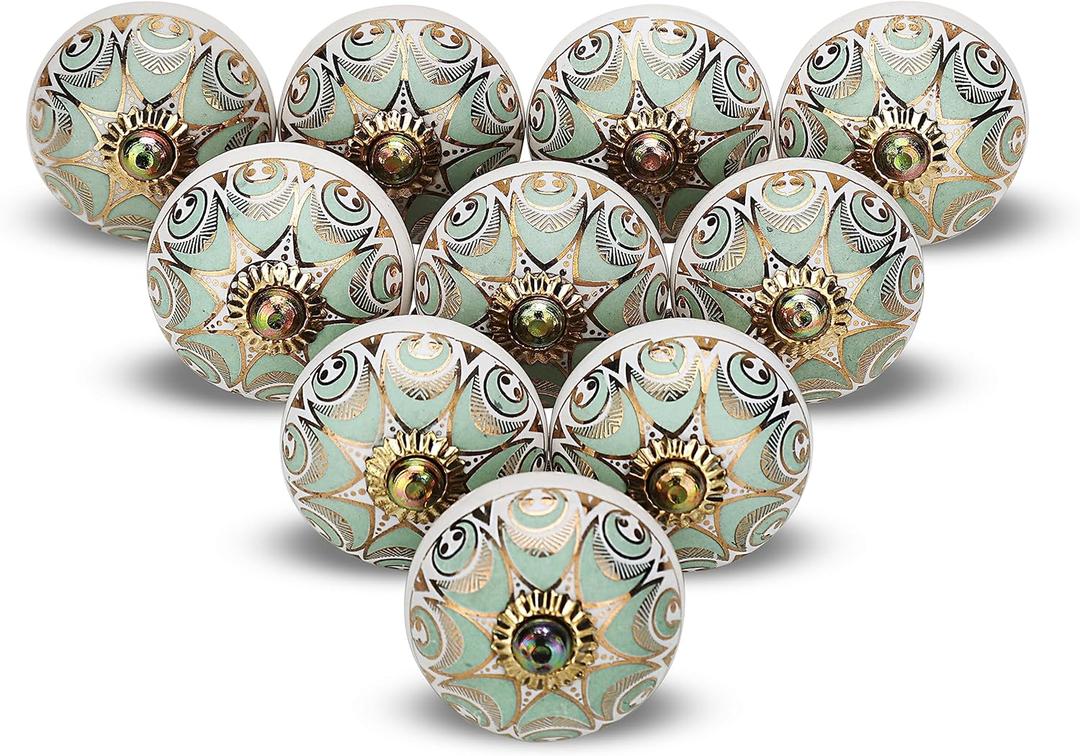 Gold Knobs for Cabinets Assorted Green Dresser Knobs Vintage Ceramic Door Knobs Colorful Kitchen Furniture Pull Handles Cupboard for Wardrobe Home Interior Dcor-Pack of 10