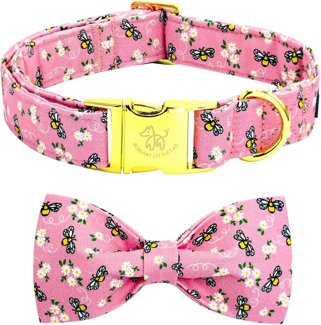 Elegant little tail Dog Collar, Spring Dog Collar with Bow Cute Bees Print Cotton Soft Female Male Pet Collar Bowtie Floral Dog Collar Adjustable Dog Collar for Large Dogs