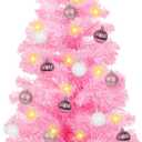 3 Ft Premium Pink Christmas Tree with Lights, Battery Operated Timer 8 Modes 50 Warm White Lights Small Artifical Full Christmas Tree for Tabletop Home Office Indoor Outdoor Xmas Holiday Decorations