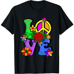 Retro 60's 70's Flower Power Hippy, Groovy Love Peace Hippie T-Shirt, Black, Large