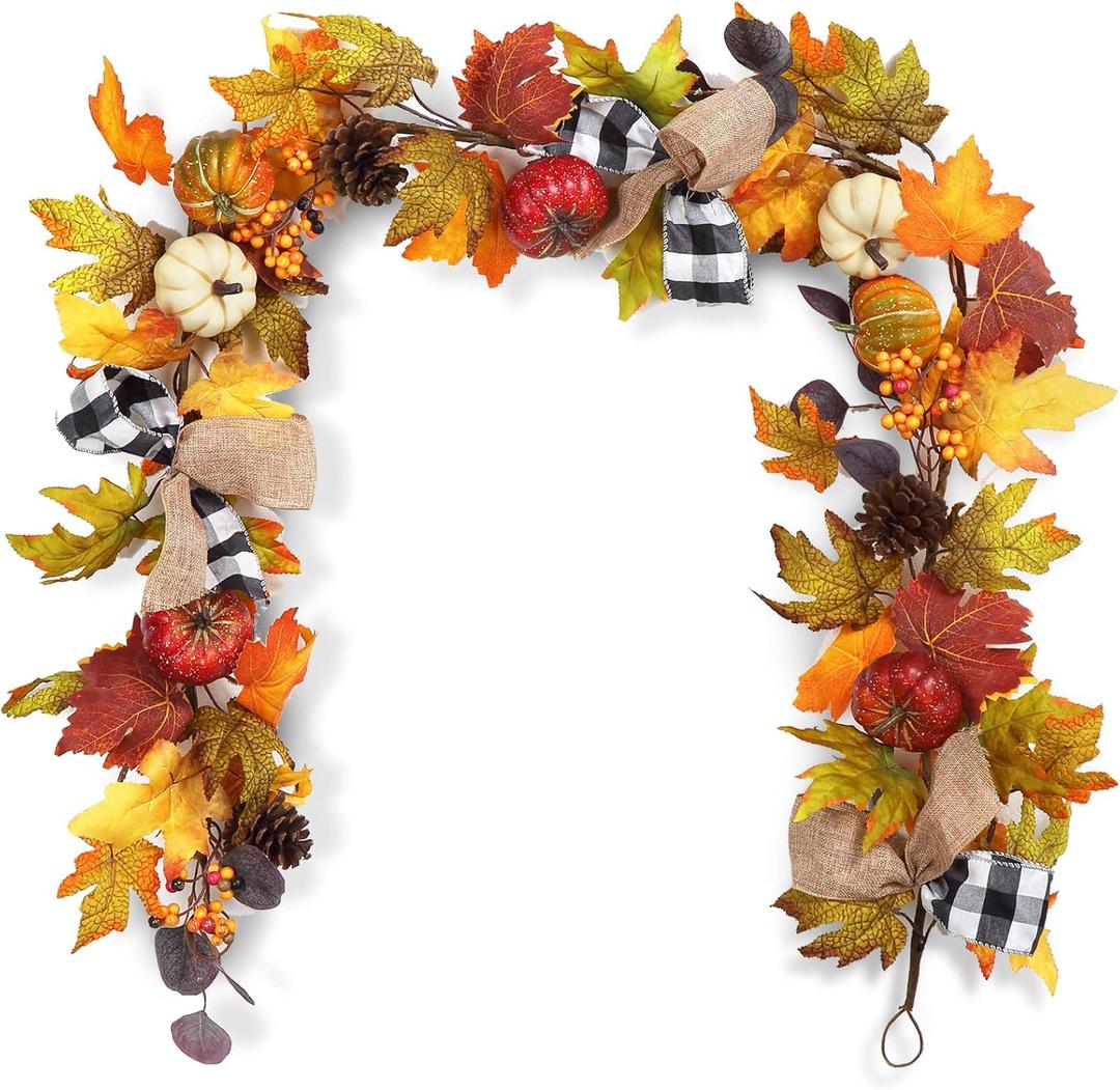 Adeeing 6 Ft Thanksgiving Fall Garland Decor, Artificial Autumn Garlands with Pumpkins, Maple Leaves, Ribbon and Pine Cone for Indoor Outdoor Fireplace Window Home Decoration (Red Yellow)