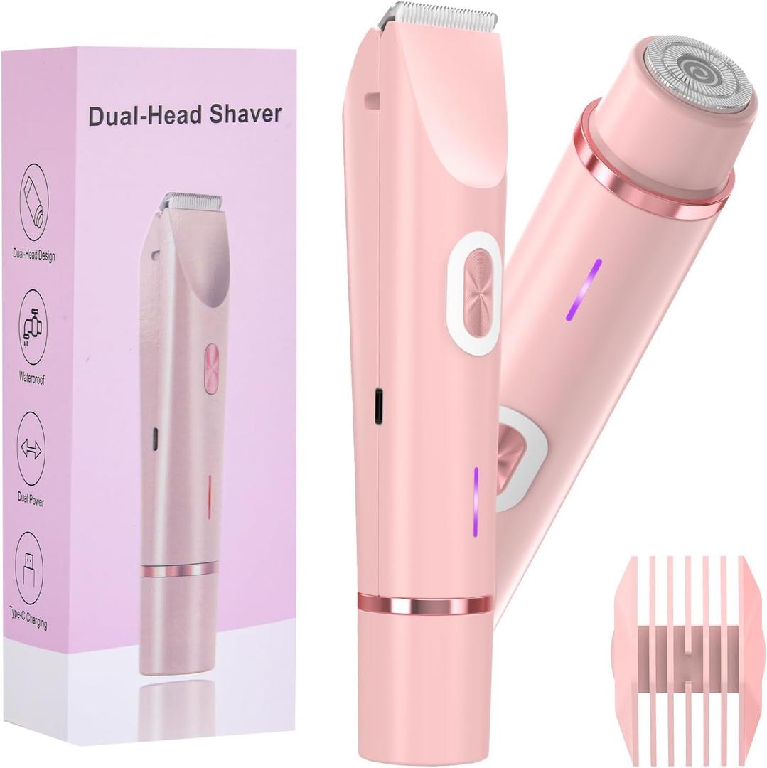 Bikini Trimmer for Women,Dual-Head Electric Razor,IPX7 Waterproof Shaver and 90-Minute Battery Life,Portable for Dates and Beach, Pink