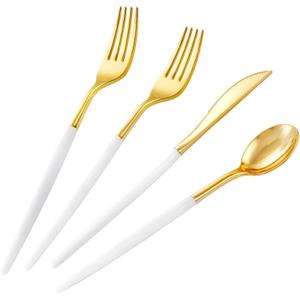 SUT Gold Plastic Silverware, 160Pcs Gold Utensils Set Disposable, 80 Gold Plastic Forks, 40 Gold Knives, 40 Gold Spoons, Gold Plastic Cutlery for Parties, Dinners, Weddings(White Gold)