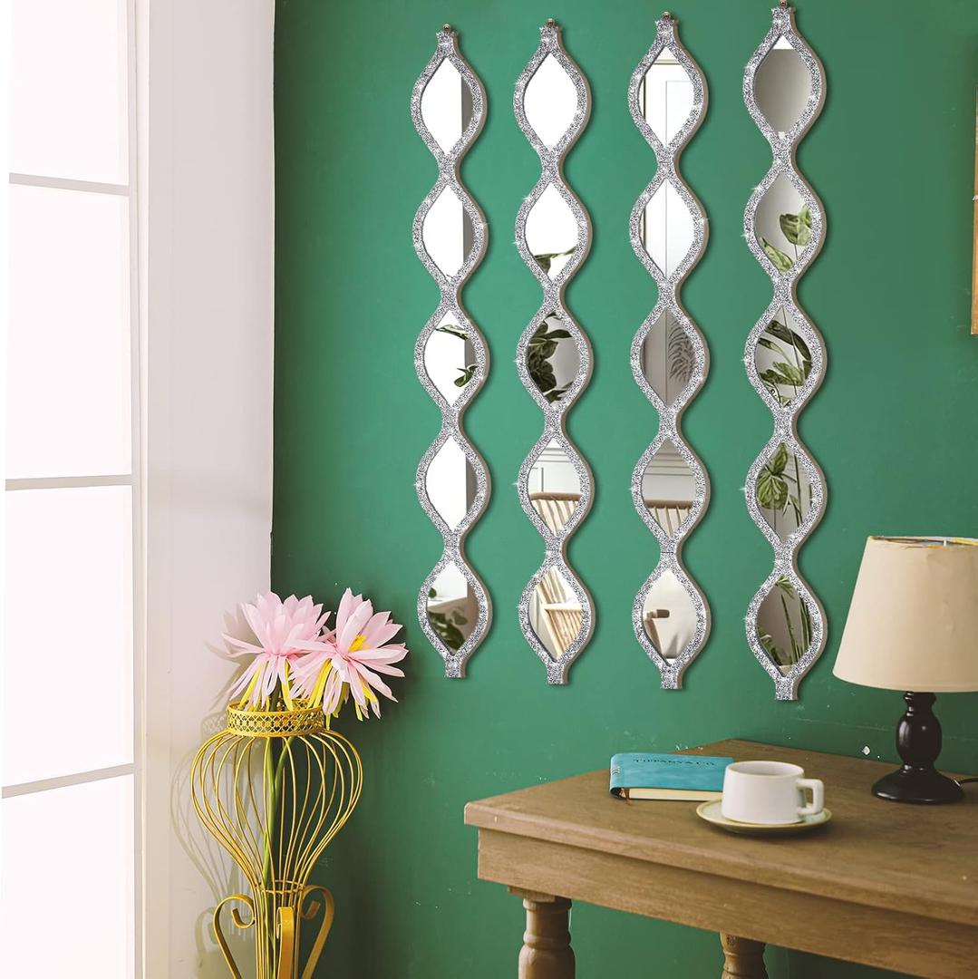 BBTO Teardrop Mirror Wall Decor Decorative Mirror Rustic Crush Diamond Mirrors Wall Farmhouse Long Art for Bathroom Bedroom Entryway Apartment Living Room(Silver,4 Pcs)