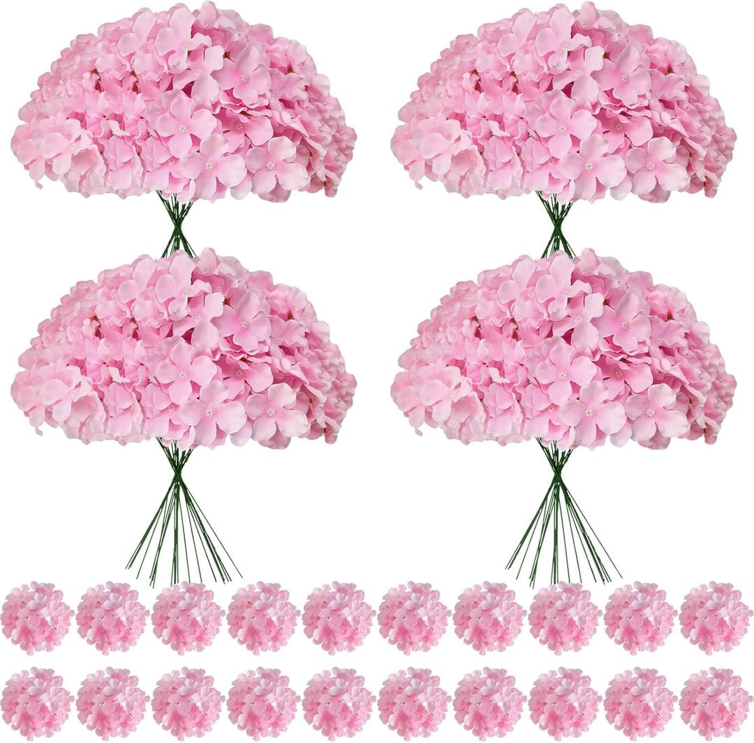 100 Pcs Faux Pink Hydrangea Artificial Flowers Bulk, Fake Silk Hydrangea Flowers Heads with Stems for Wedding Decorations Garden Party Baby Shower Porch Home Decor Table Centerpieces