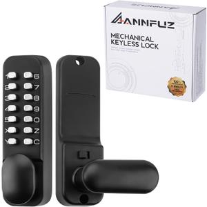 Full Mechanical Keyless Entry Door Handle Lock with Keypad,Single-Sided Push Button Combination Code Lever Lock,Auto Locking,Interior Hold-Opening,for Front Gate,No Battery(Matte Black)