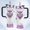 Owl Gifts for Women Cups Tumbler with Handle 40oz Unique Stainless Steel Insulated Owl Water Cups, Christmas Birthday Gifts for Women Girl Mom Owls Lovers Purple Diamond Owls Coffee Mug