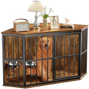 APRILSOUL 53 inch Furniture Dog Crate Corner, Dog Kennel Corner Wooden End Table with Bowl, Indoor Pet Crates Corner Side Table for Small/Medium/Large Dog, Wide Top Perfect for Limited Room