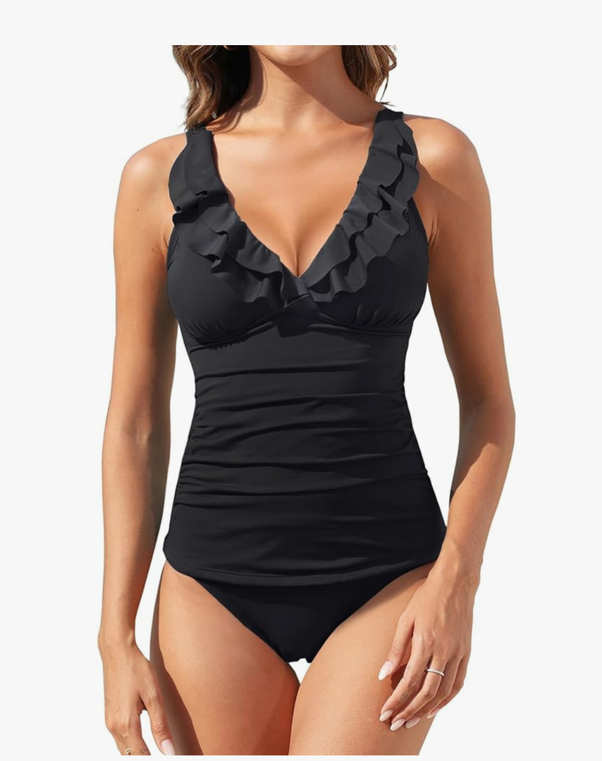 Womens Two Piece Swimsuits - Ruffle Flounce Tankini Tummy Control Bathing Suits V Neck Swimwear M