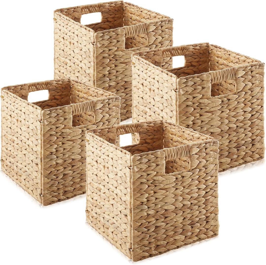 Casafield 13" x 13" Water Hyacinth Storage Baskets, Natural - Set of 4 Collapsible Cube Organizers, Woven Bins for Bathroom, Bedroom, Laundry, Pantry, Shelves