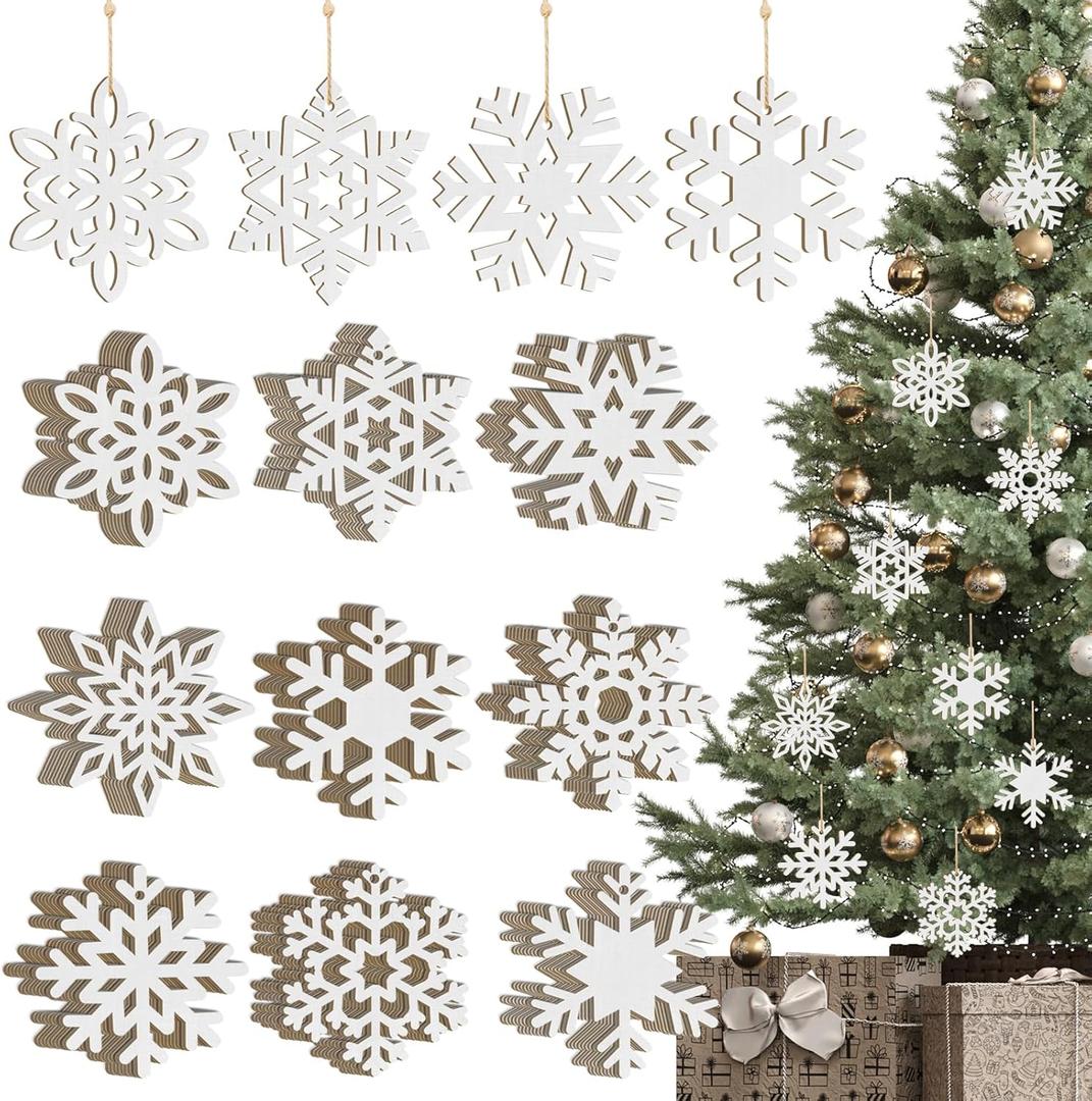 Wooden Snowflake Ornaments - 36PCS Hanging Christmas & New Year Decorations - 9 Styles DIY Cutouts - Unfinished (Large, White)