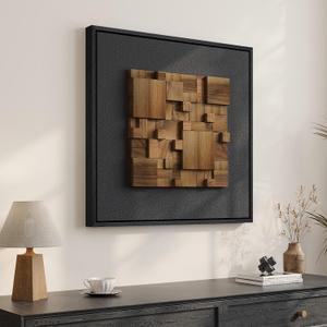Framed 3D Textured Wood Abstract Wall Art Decor for Living Room, Modern Square Geometric Wooden Artwork for Walls, Minimalist Black Sandstone Wall Decor for Hallway, Kitchen, Bedroom, Office, 20x20