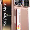 Vihibii for iPhone 14 Pro Max Case with Card Holder (4 Cards), [RFID Blocking] & Slide Lens Camera Cover, Military Grade Drop Protection, Rugged Heavy Duty Wallet Phone Case, 6.7" 2022, Rose Gold