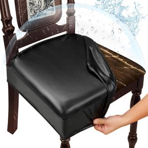 Waterproof Dining Chair Seat Covers Leather Kitchen Seat Covers, Stain Resistant Stretch Chair Seat Covers for Dining Room Chairs Set of 4, Rear Covered Washable Dining Chair Covers Black