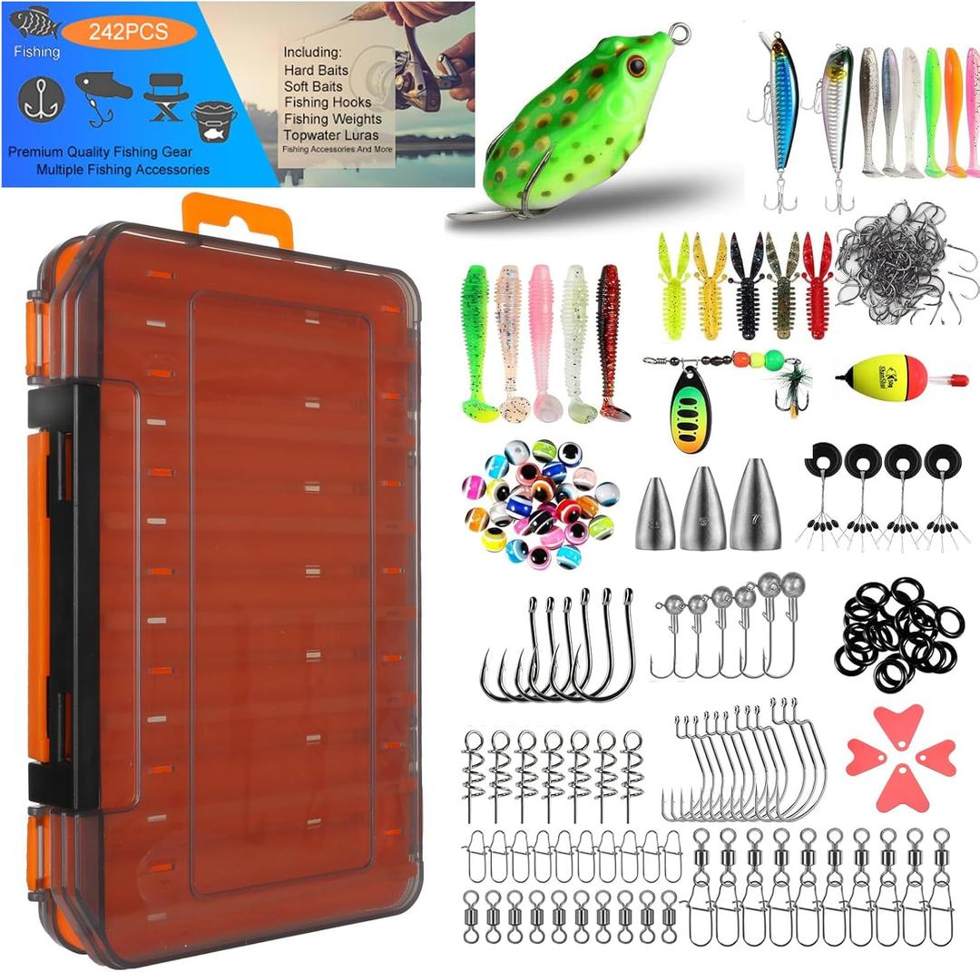 Fishing Accessories Kit Tackle Box with Tackle Included Fishing Gear Set Suitable for beginners 242pcs Fishing Hooks Fishing Lures Fishing Weights Sinkers Swivels Saltwater & Freshwater Fishing Gift